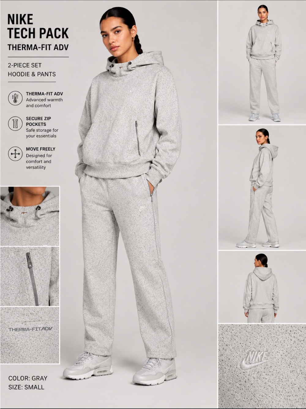 Nike Tech Pack Therma-FIT ADV Women’s 2-Piece Set Hoodie Jogger Pants Gray Size